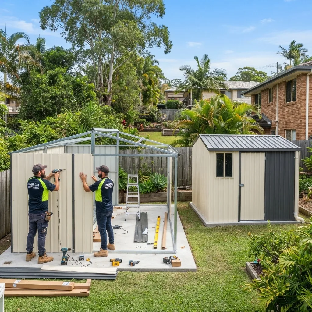 a professional shed builder installing a steel garden shed in a suburban Ipswich backyard, showing both the construction process and the