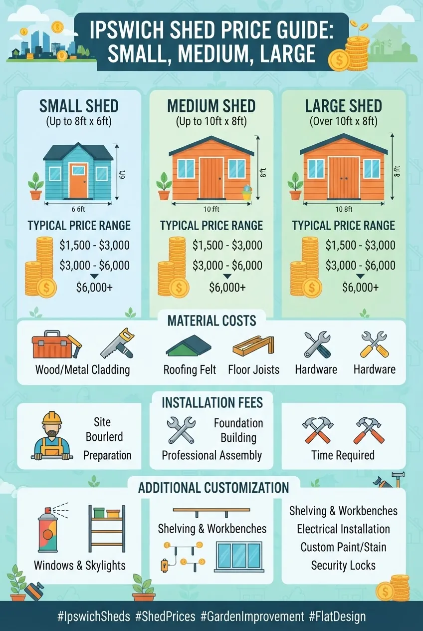 A vertical infographic comparing typical price ranges for small, medium, and large sheds in Ipswich, including separate sections for