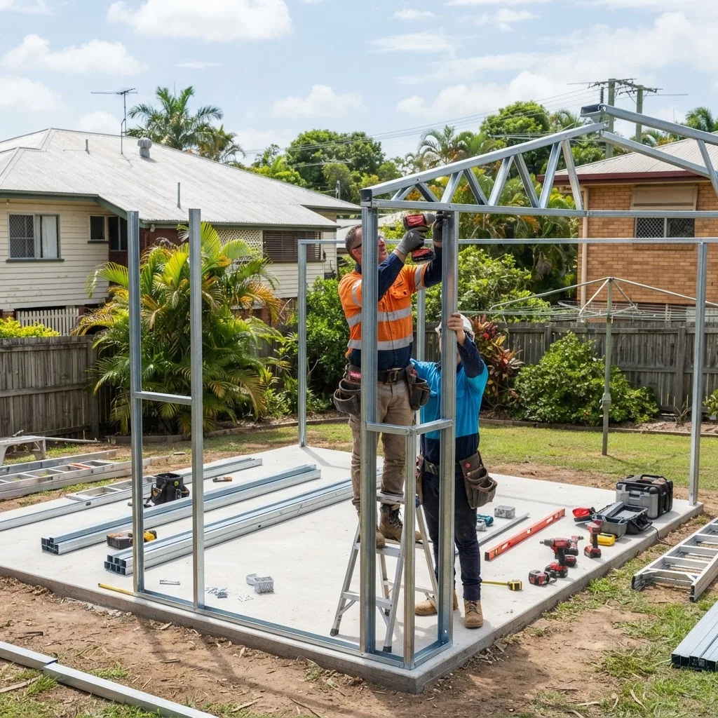 professional shed installer working on erecting a steel shed frame in a typical residential backyard in Mackay, with mid-morning natural