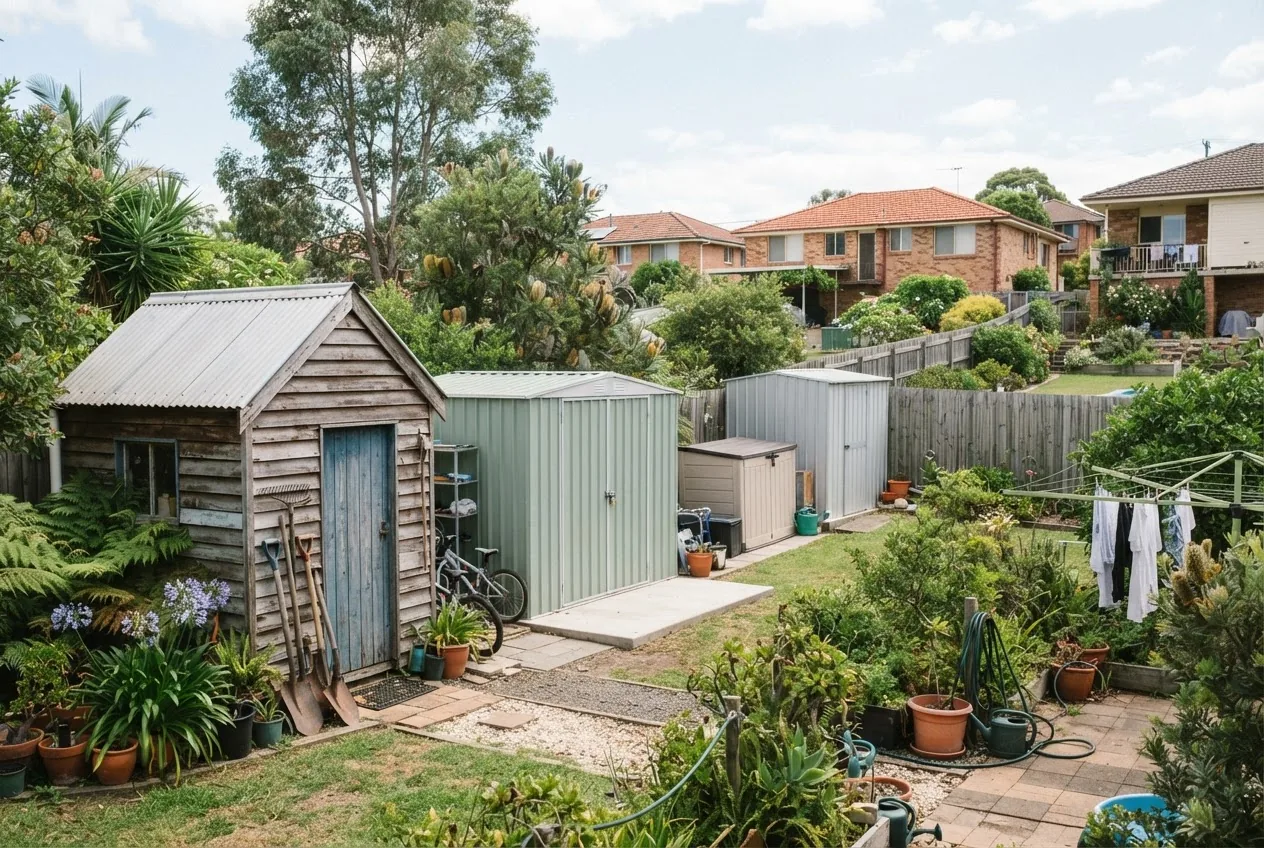 a variety of garden sheds and storage sheds in a residential Newcastle NSW backyard, showing different styles and materials, from timber to
