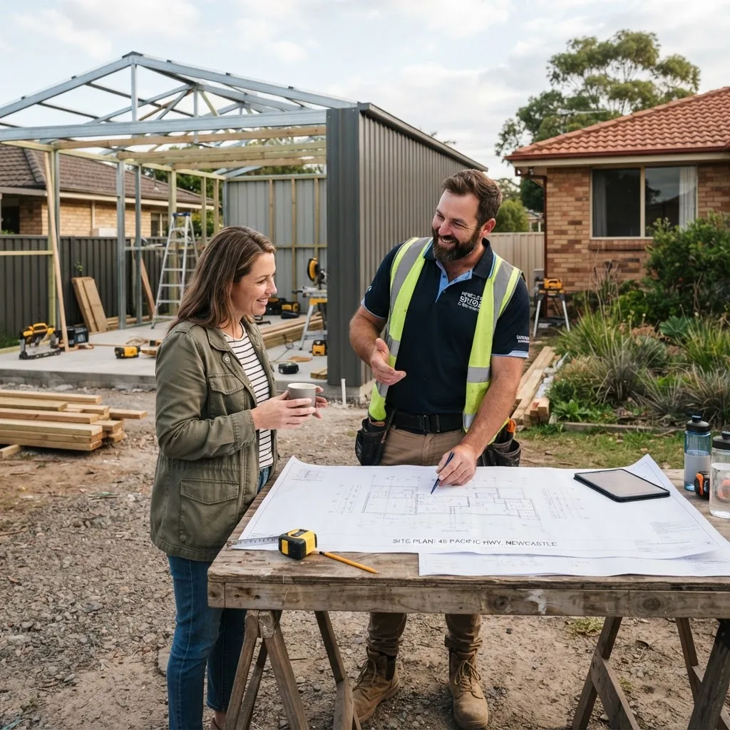 a Newcastle-based shed builder discussing shed plans with a homeowner at an outdoor site, showing building materials and blueprints on a