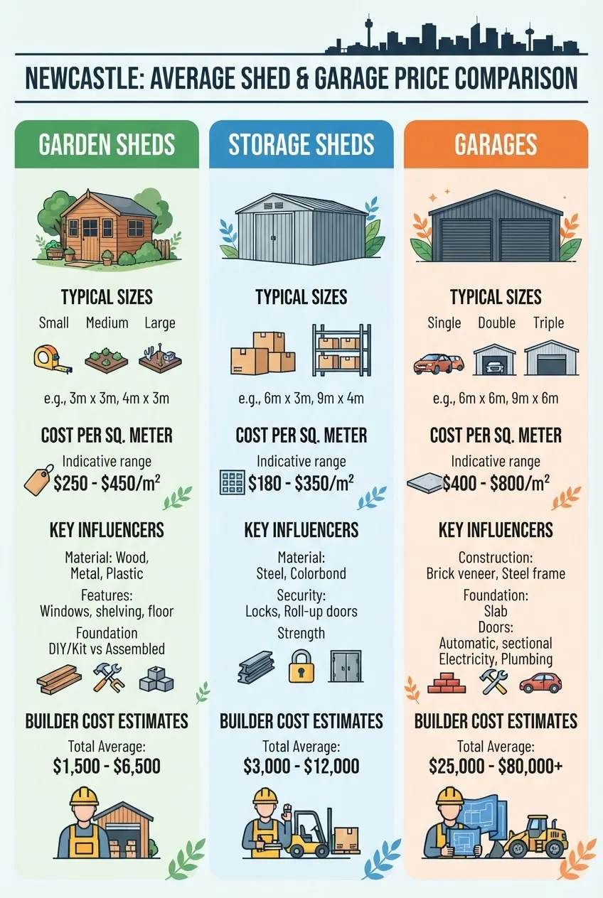 An infographic featuring a clean, three-column comparison table visually breaking down average prices for garden sheds, storage sheds, and