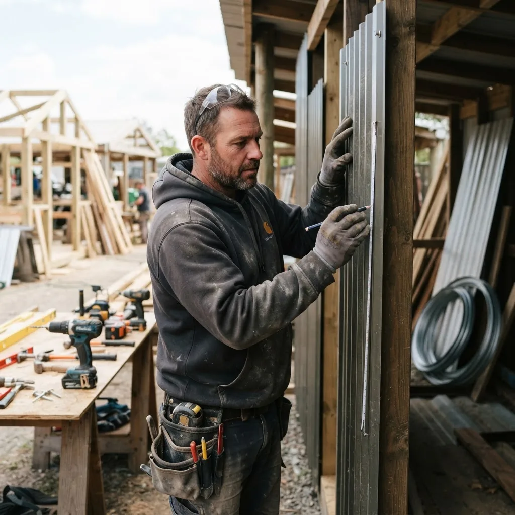 a professional shed builder measuring and fitting a metal panel on a shed wall, tools visible, workshop background, natural lighting,