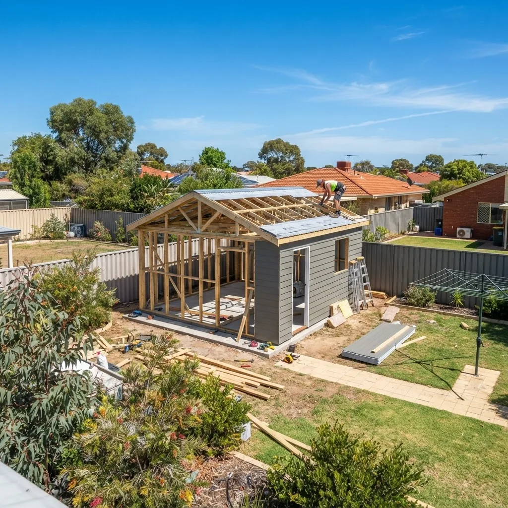 a modern medium-sized backyard shed under construction in a residential Rockingham neighborhood, bright daylight with clear blue sky,