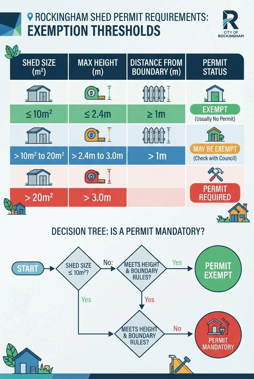 outlines thresholds for shed permit requirements in Rockingham: columns for shed size, height, distance from boundaries, and exemption