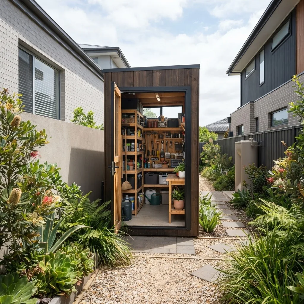 a compact, skinny side shed with an open layout, showcasing internal shelving and natural lighting, located in a narrow Australian suburban