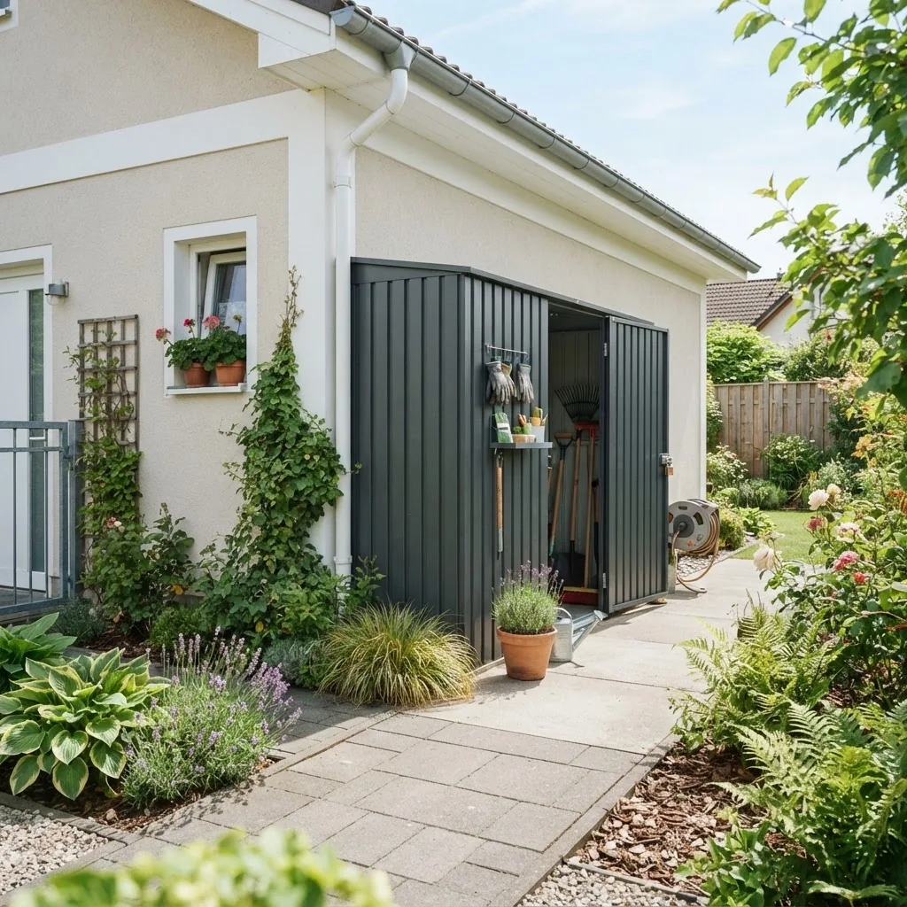 a long, narrow slimline garden shed installed alongside the side wall of a suburban house, shot in bright daylight, showing clear space