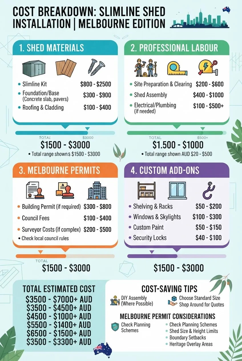 An infographic detailing a cost breakdown for slimline sheds with segmented sections: materials, labour, permits, custom features, each