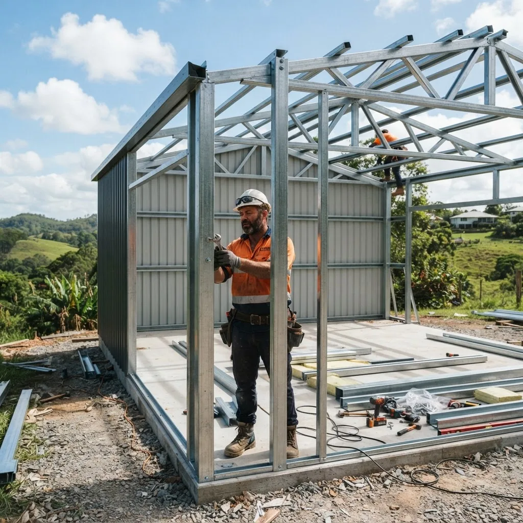 a professional shed builder on-site in Sunshine Coast inspecting a partially constructed steel shed, wearing safety gear, with tools and