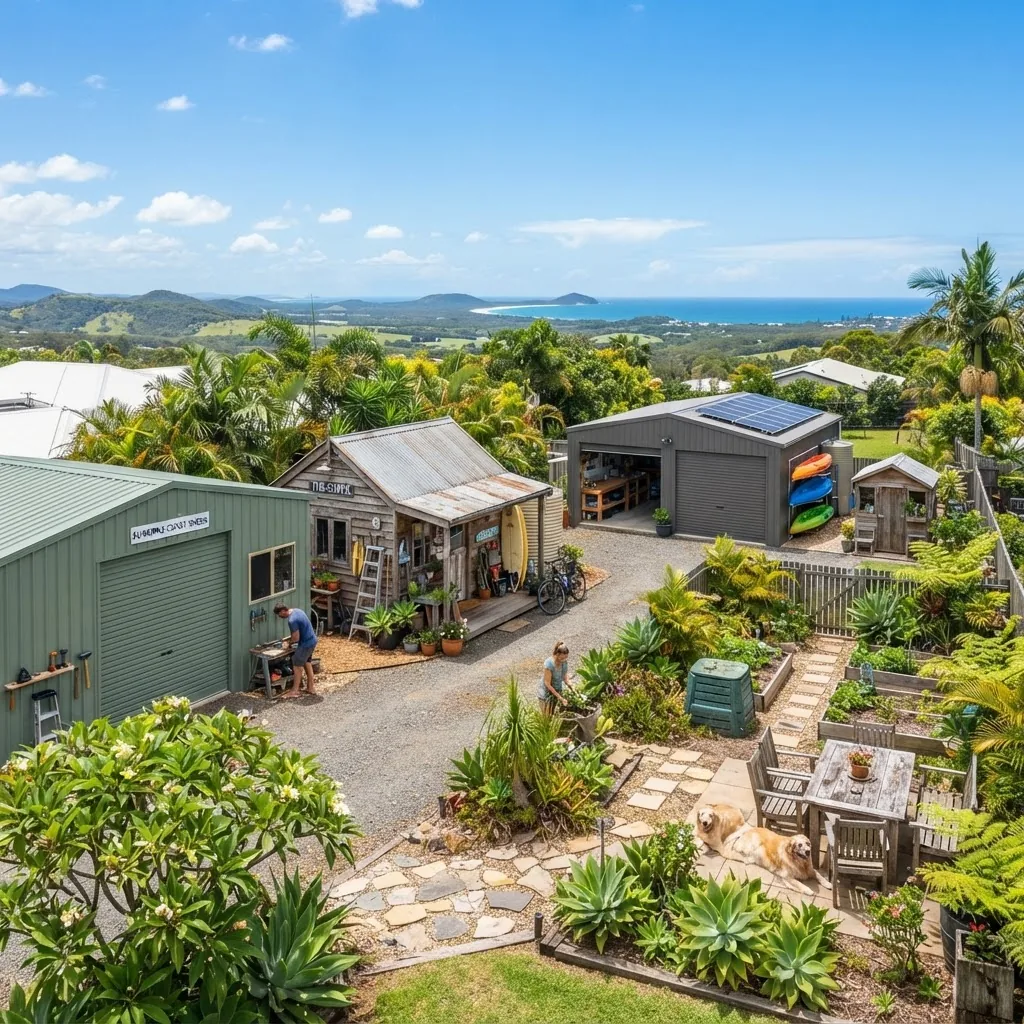 a variety of steel and wooden sheds and garage sheds situated in a sunny backyard on the Sunshine Coast, Queensland, showing coastal