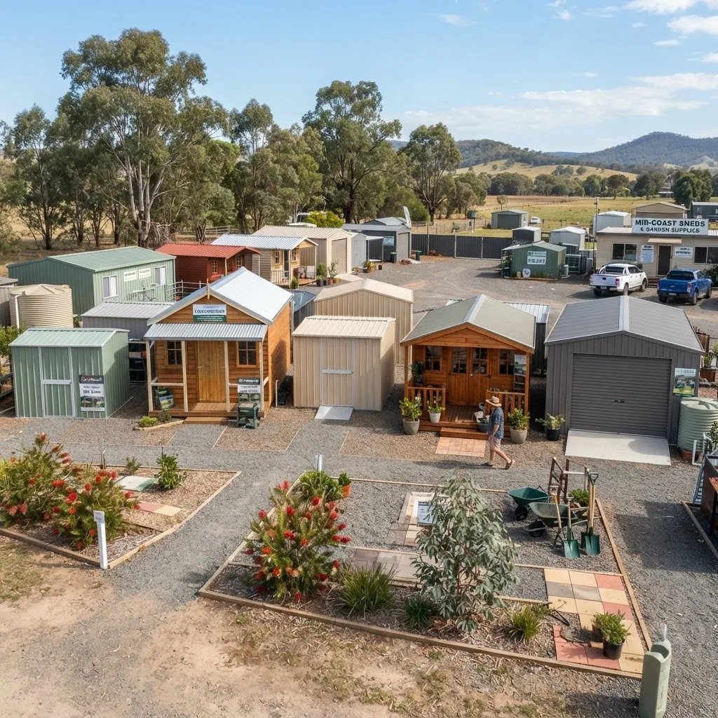 Exterior shot of several new prefabricated metal and timber garden sheds displayed outdoors at a local supplier yard in regional Australia,