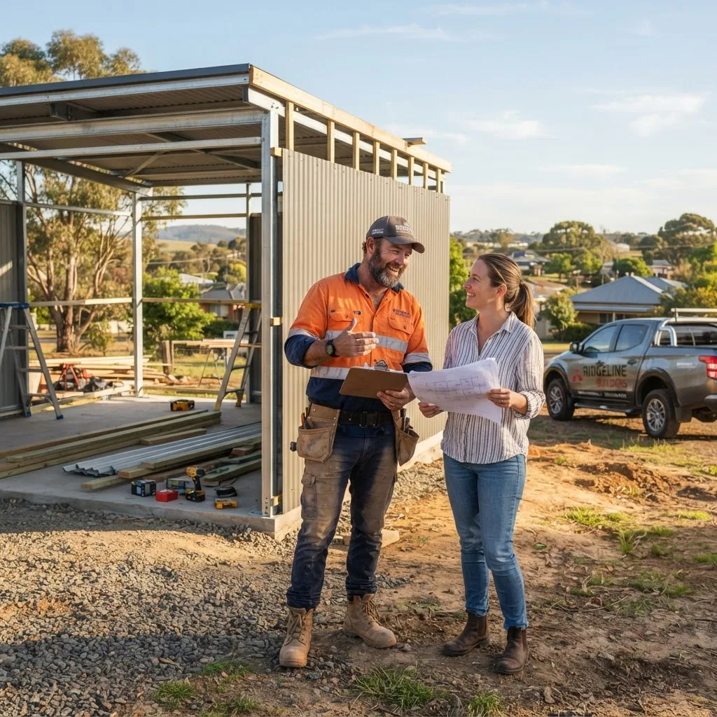 A confident Australian tradesman consulting with a homeowner outside a partially constructed storage shed in a sunny regional town, clear