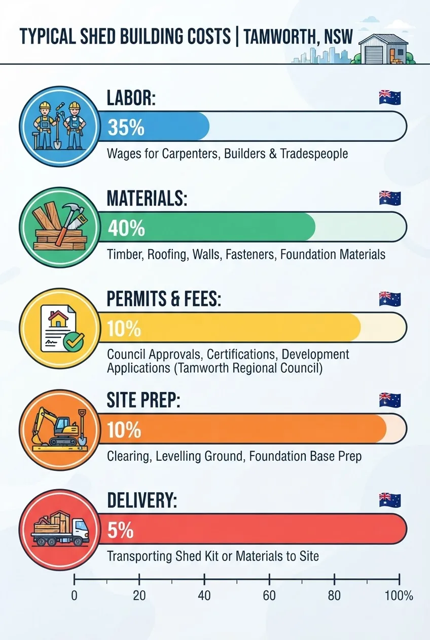 illustrating typical cost components of building a shed in Tamworth, including sections for labor, materials, permits, site prep, and