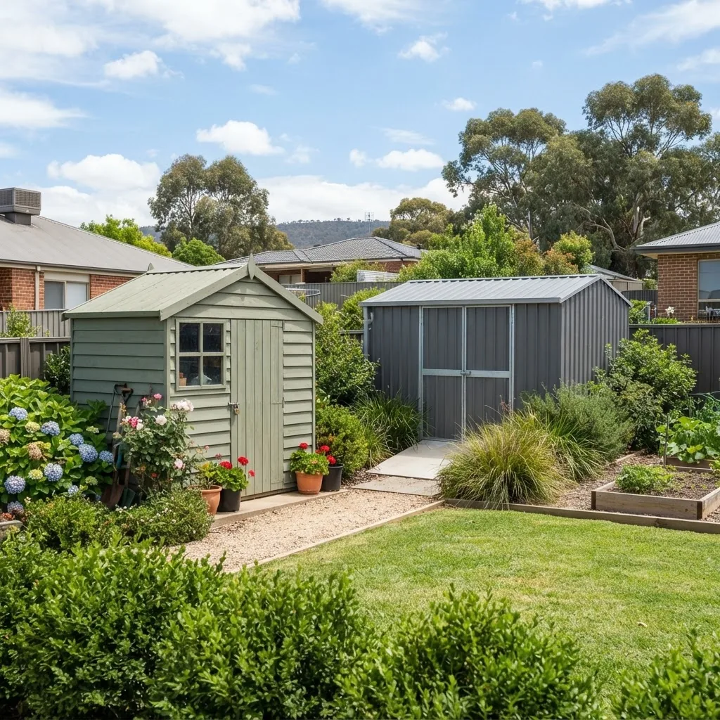 A bright, clear photo showing a variety of garden sheds including metal and timber styles, positioned in typical suburban backyard settings