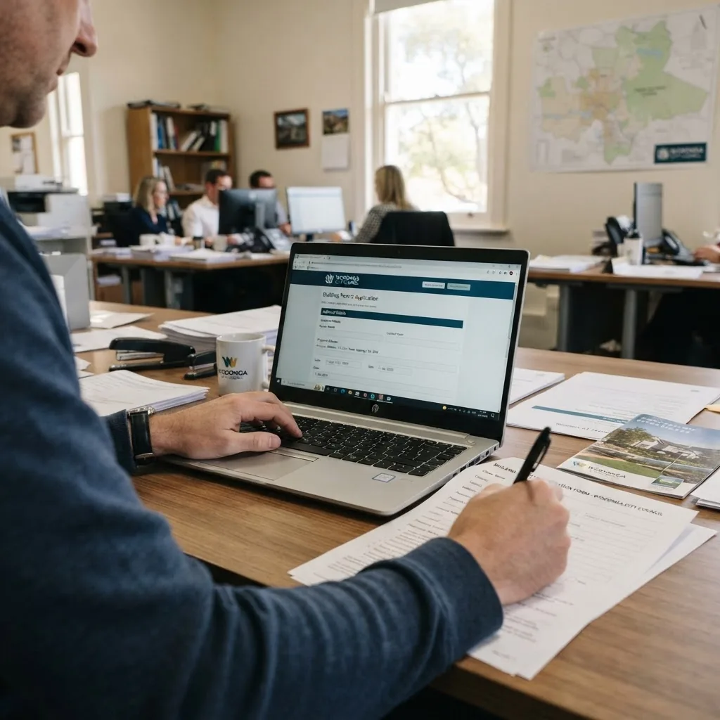 Close-up of a person filling out building permit paperwork or using a laptop for an online permit application, indoors with natural