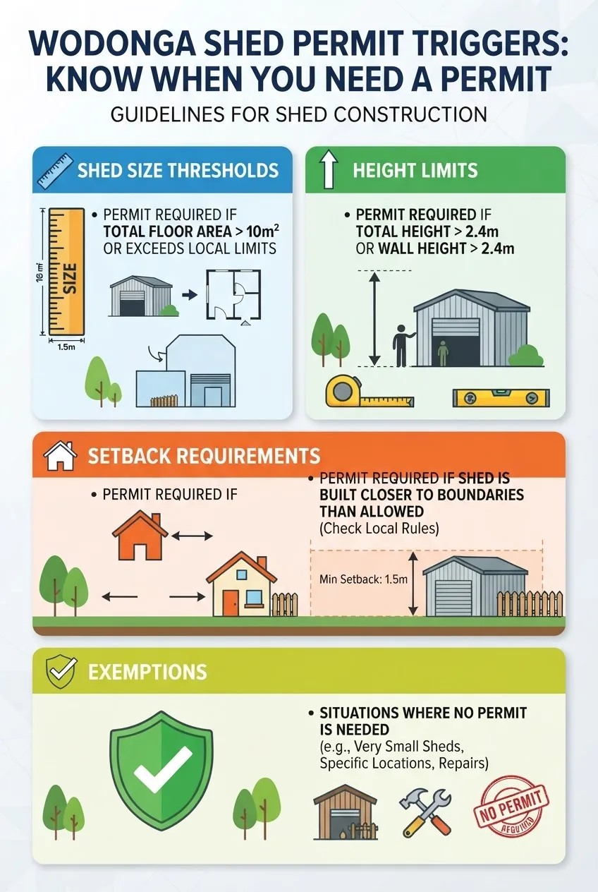 A clean infographic illustrating key Wodonga shed permit triggers: shed size thresholds, height limits, setback requirements, and