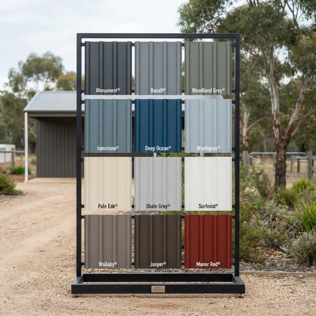 Outdoor image showing several Colorbond shed wall panels in different popular cladding colours (including blues, greys, and earth tones),
