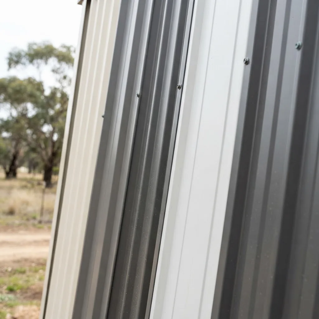 Close-up angled shot of a Colorbond metal shed wall featuring multiple corrugated cladding profiles side by side in natural daylight,