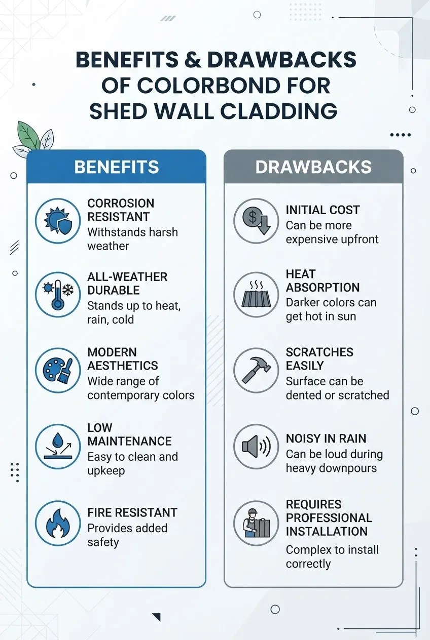 A clean, modern infographic featuring two columns labeled “Benefits” and “Drawbacks” of Colorbond for shed wall cladding; each column has 5