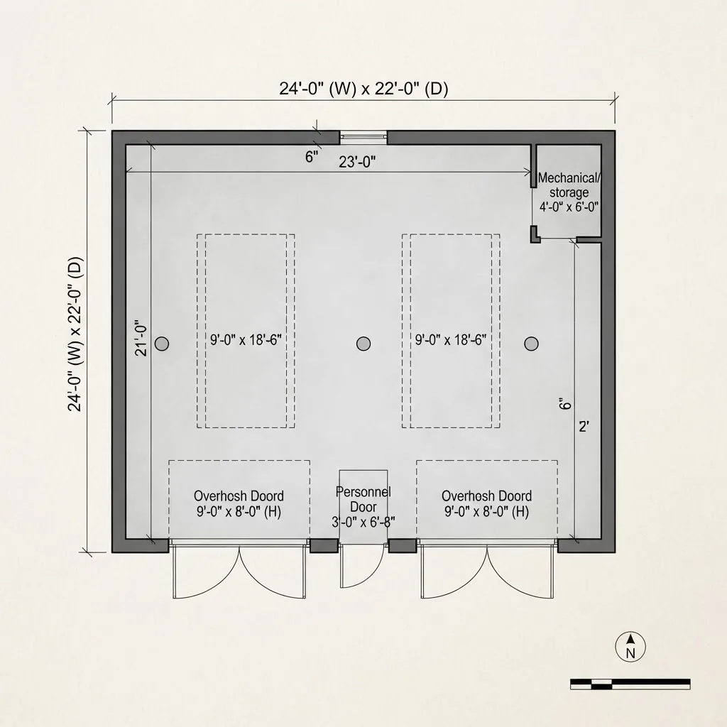 n overhead view of a double vehicle storage shed floor plan with dimensions annotated, showing clear interior space and door options, set