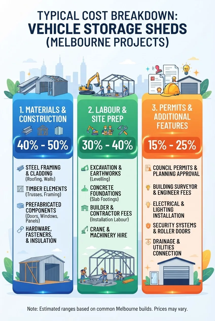 shows a three-section breakdown of costs for vehicle storage sheds: materials (steel, timber, prefab), labour and site prep, and permits &