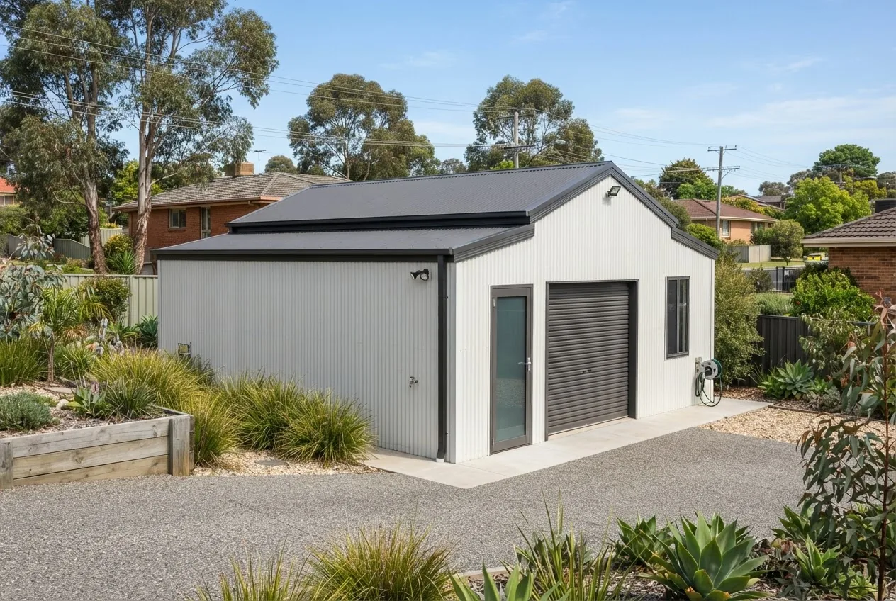 Modern Australian shed exterior featuring Colorbond Surfmist walls with Monument coloured roof and trim, bright natural daylight, suburban