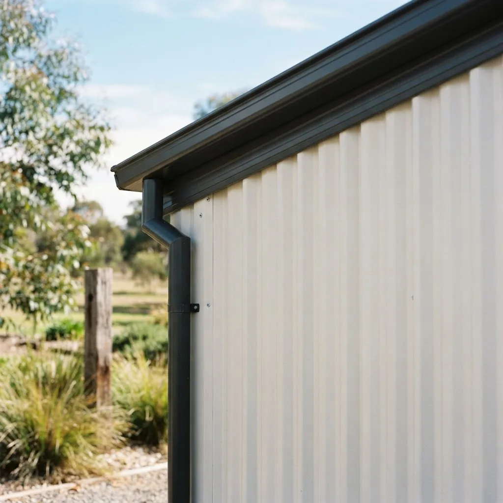 Close-up photographic view of a Colorbond clad shed wall in Surfmist with Monument coloured fascia and gutter, natural sunlight
