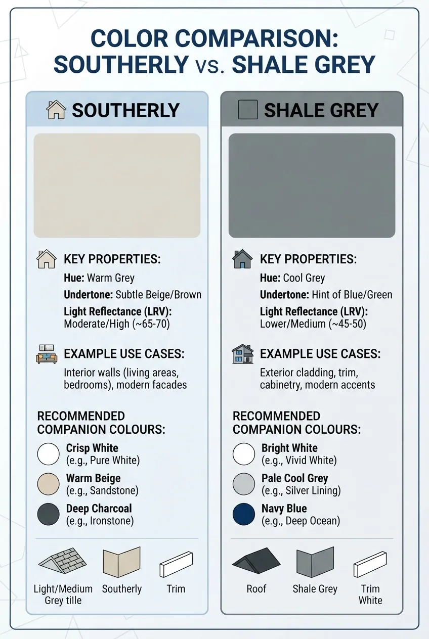 A horizontal comparison infographic with two columns titled 'Southerly' and 'Shale Grey' showing side-by-side colour swatches, key