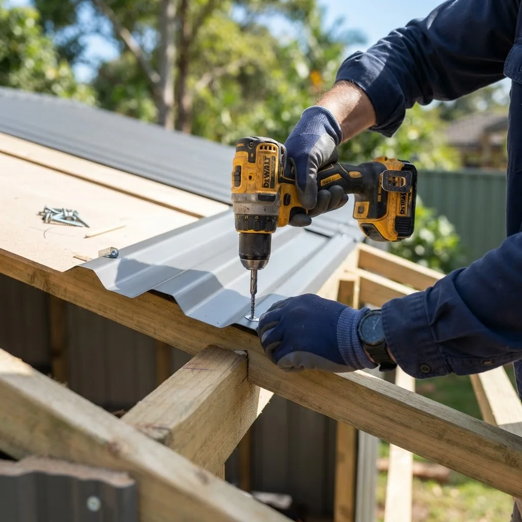 Close-up shot of a person installing Colorbond steel panels on a garden shed frame, wearing safety gloves, power drill visible, sunny