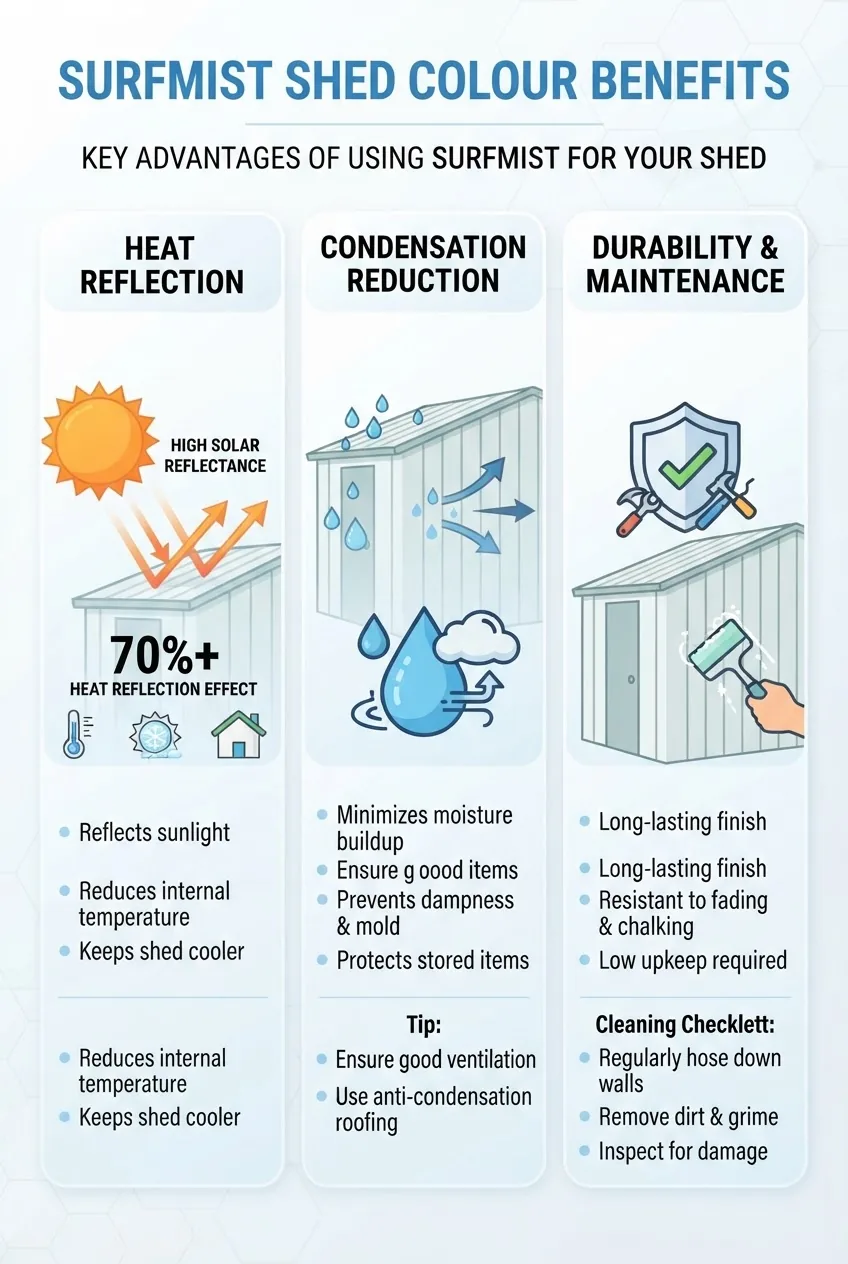 A three-column infographic showing Surfmist shed colour benefits: 1) Heat reflection with sun icon and percentage effect, 2) Condensation