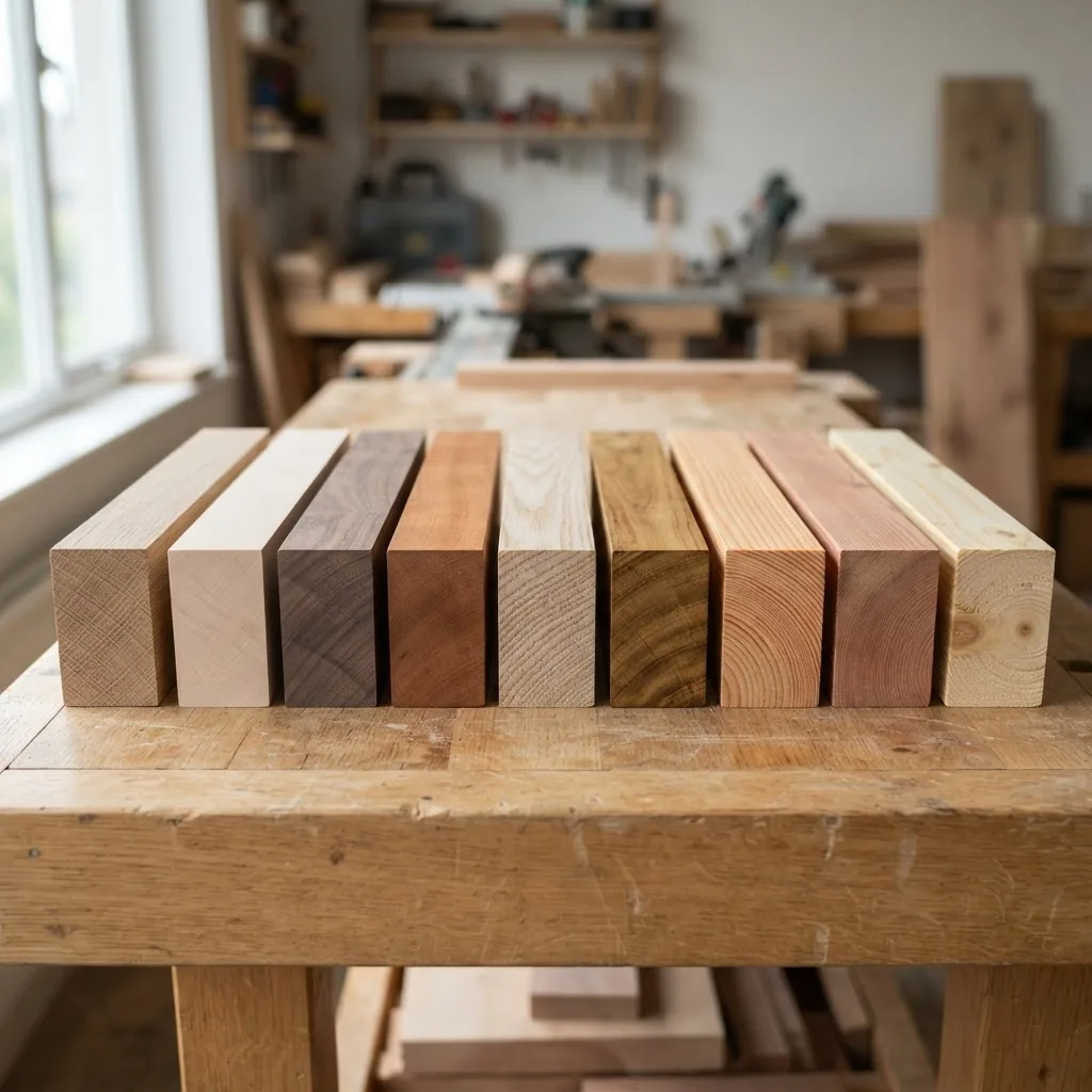 Close-up image of different timber samples including hardwood and softwood varieties arranged side by side, natural lighting emphasizing