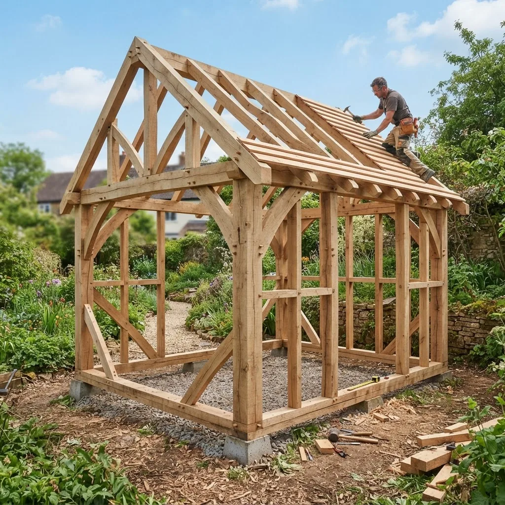 High-resolution photo of a timber frame garden shed under construction showing structural wooden beams and framing in an outdoor backyard