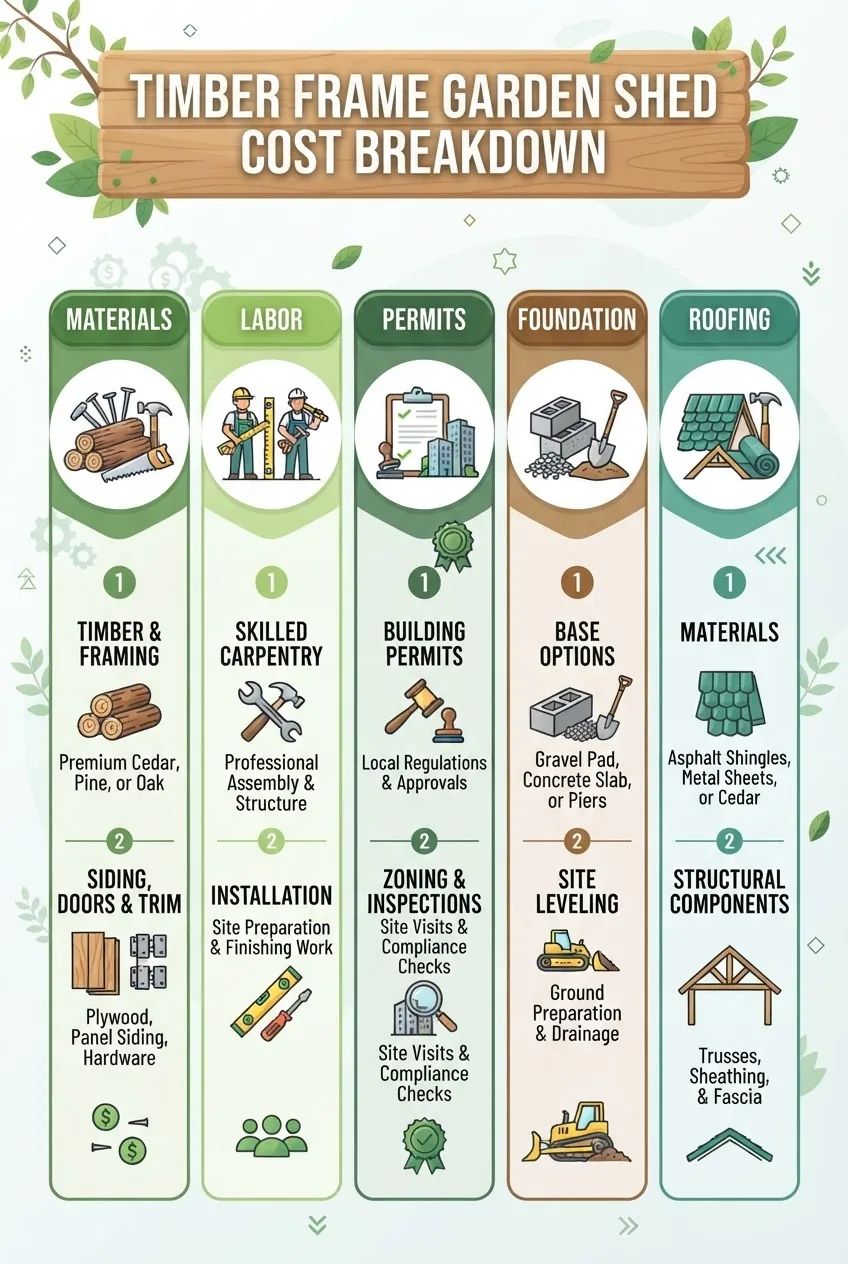Infographic showing a detailed breakdown of timber frame garden shed costs: columns for materials, labor, permits, foundation, roofing;