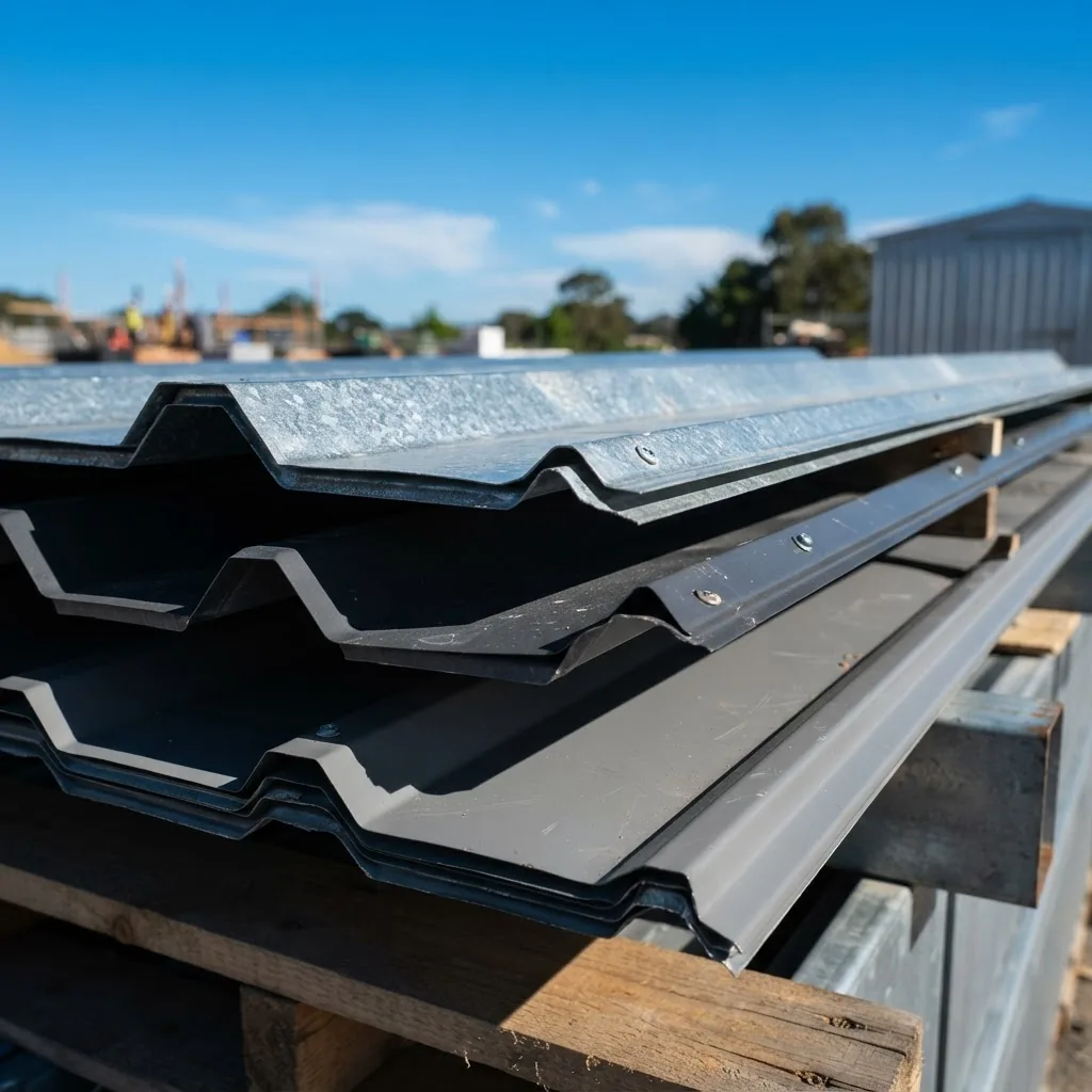 Close-up photograph of Colorbond and Zincalume roofing sheets stacked outdoors against a clear blue sky, showing distinct surface textures