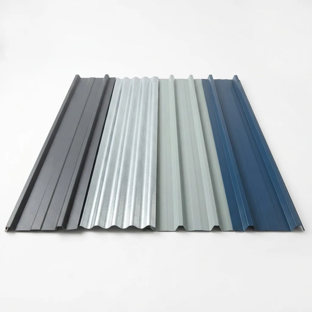 multiple metal roofing sheets fanned out side-by-side on a white background, showing close-up views of tray roofing profile, corrugated,