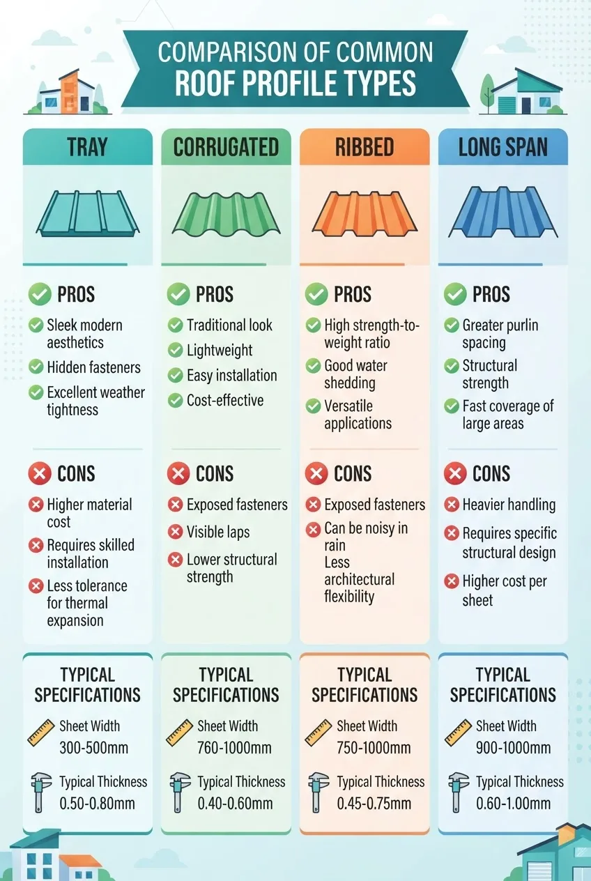 compares four common roof profile types (Tray, Corrugated, Ribbed, Long Span) arranged in columns, each with an icon representing the
