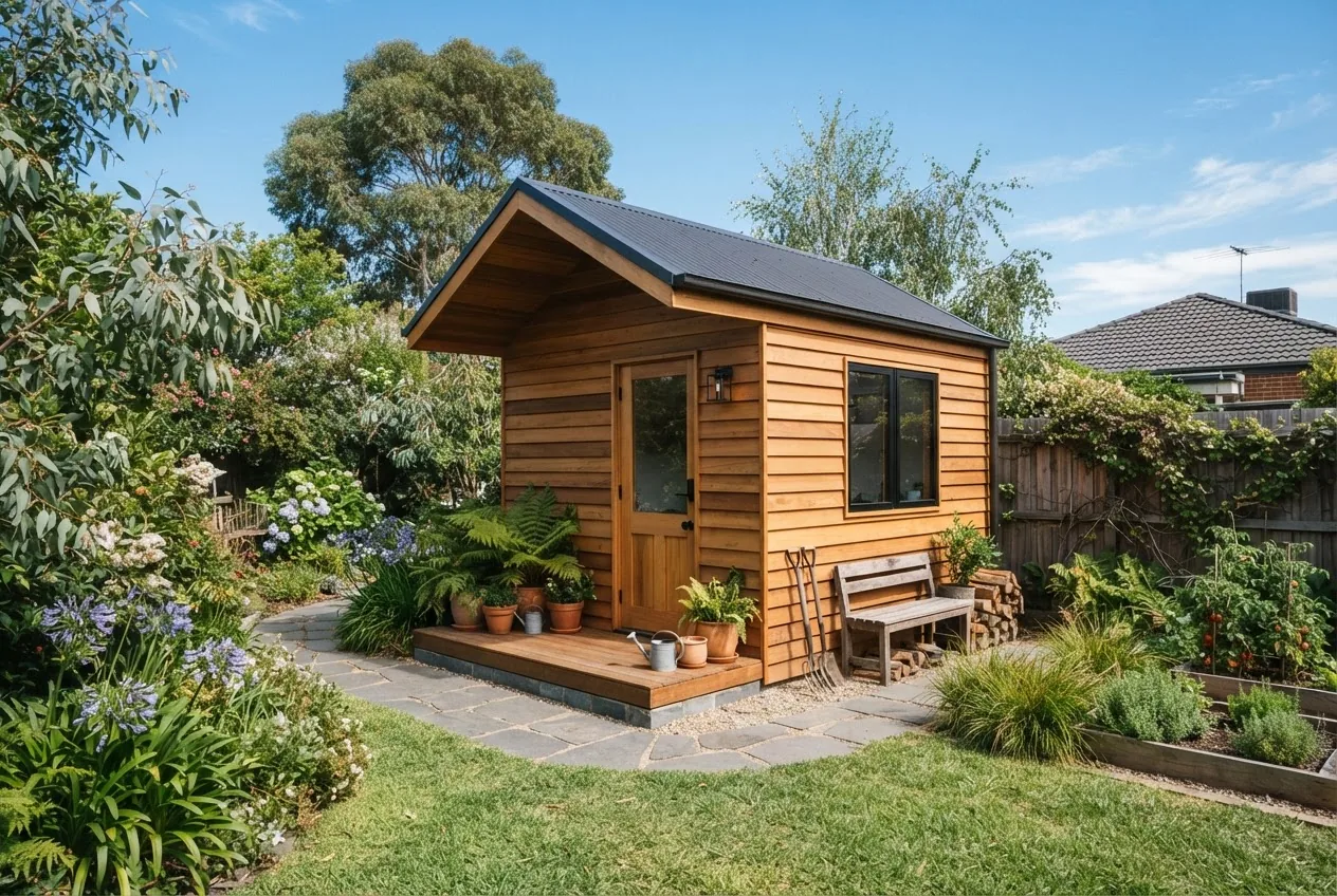 a modern weatherboard garden shed in a lush backyard setting in Melbourne, Australia, photographed from a slight angle showing timber