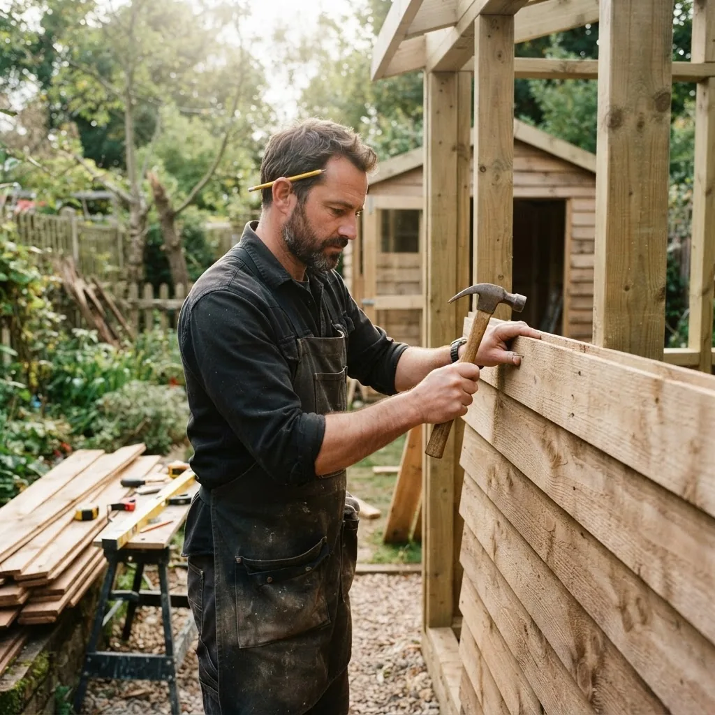 a carpenter installing weatherboard cladding on a garden shed frame, showing hands using hammer and nails, timber boards clearly visible,