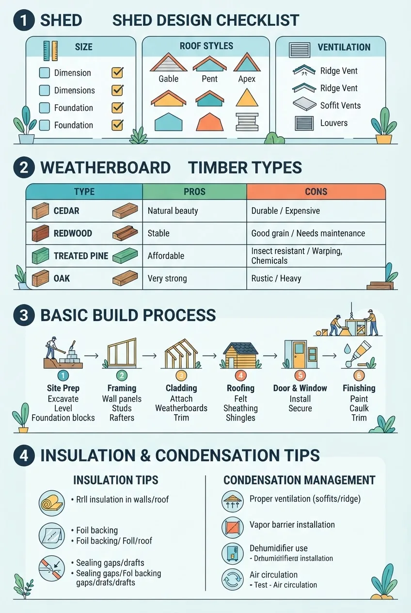 shows a multi-section layout: 1) shed design checklist with icons for size, roof styles, and ventilation; 2) comparison of weatherboard