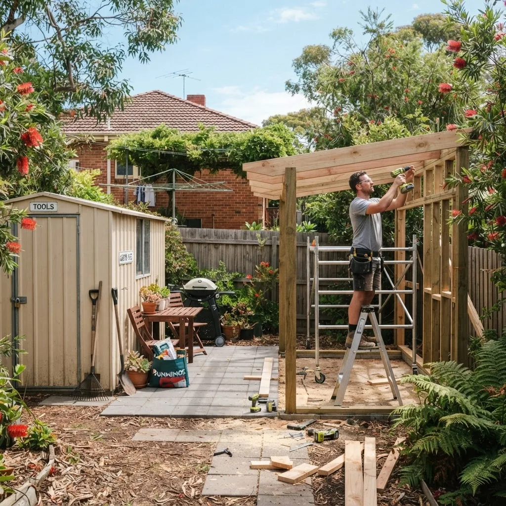 a variety of small backyard structures side-by-side including a garden shed, small patio, and pergola under construction, taken in an