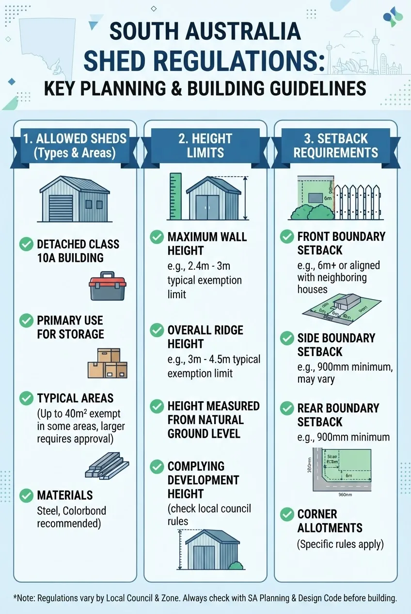 three columns: “Allowed Sheds,” “Height Limits,” and “Setback Requirements” for South Australia, each with icons (shed, height ruler,