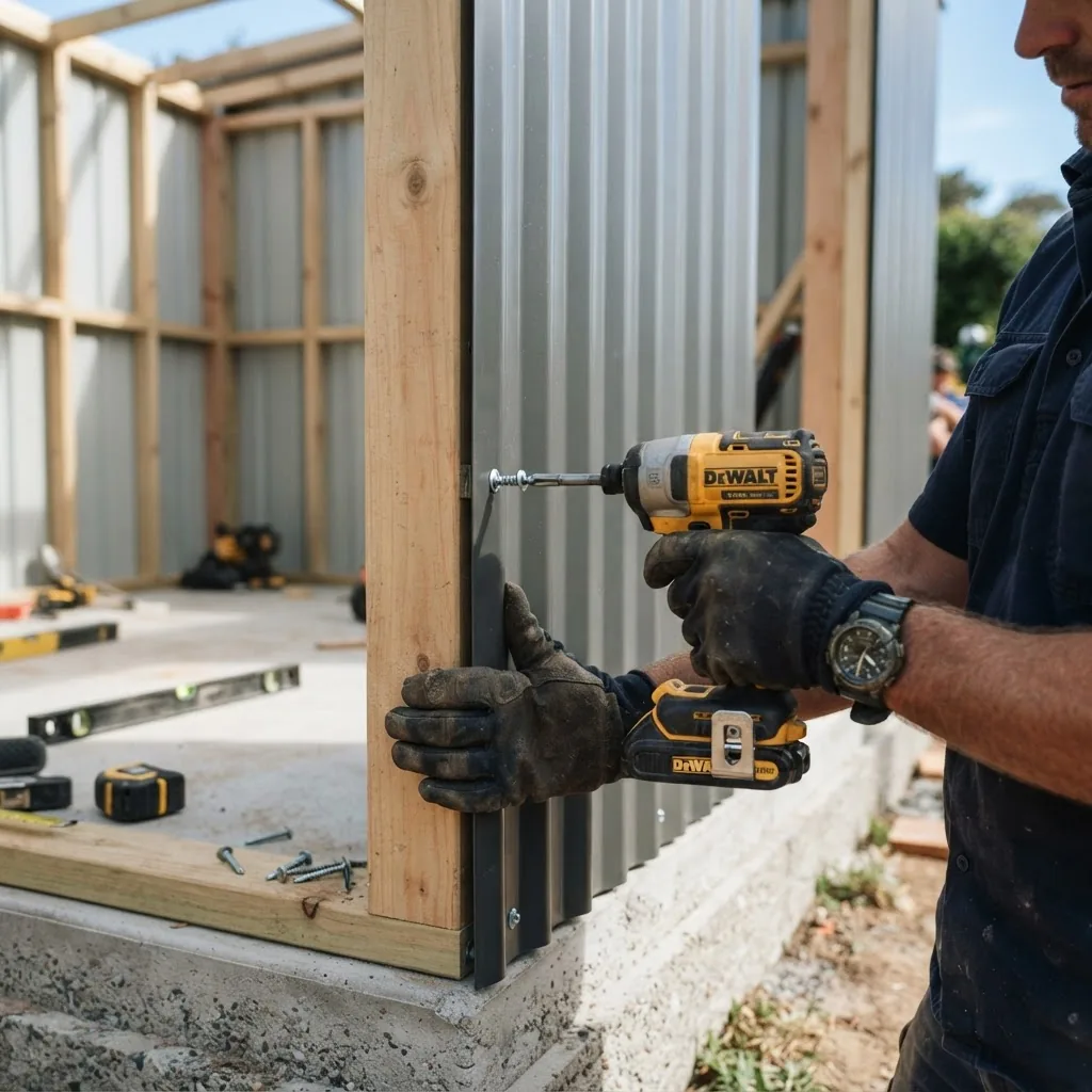 A close-up photo of a tradesman’s hands securing Colorbond shed wall panels with power tools on a foundation, outdoors on a sunny day,
