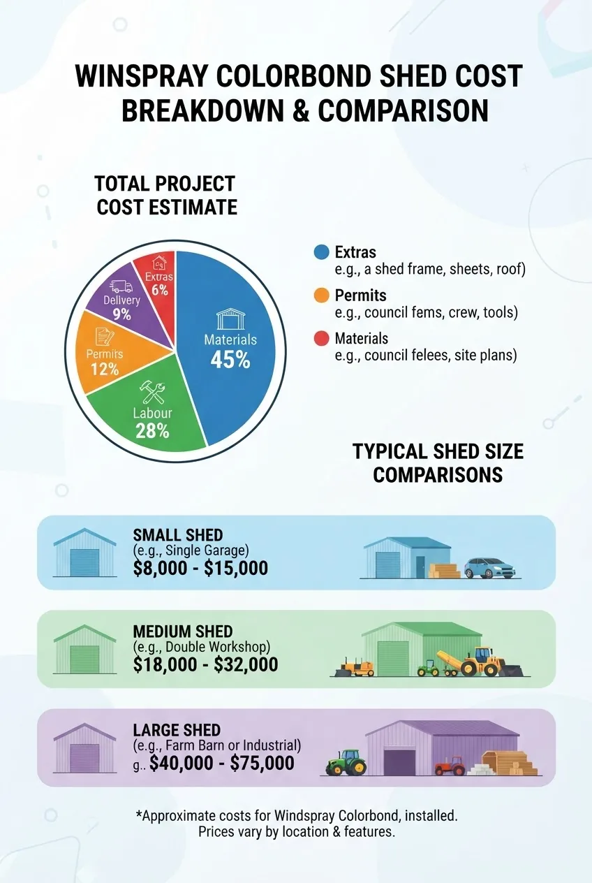 shows a segmented pie chart with percentage breakdown of total Windspray Colorbond shed costs: materials, labour, permits, delivery, and