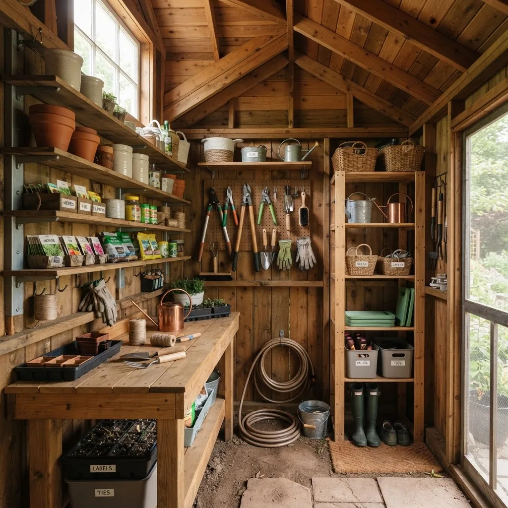 Interior view of a small wooden garden shed showing neatly organized shelving with garden tools, pots, and equipment, bright natural