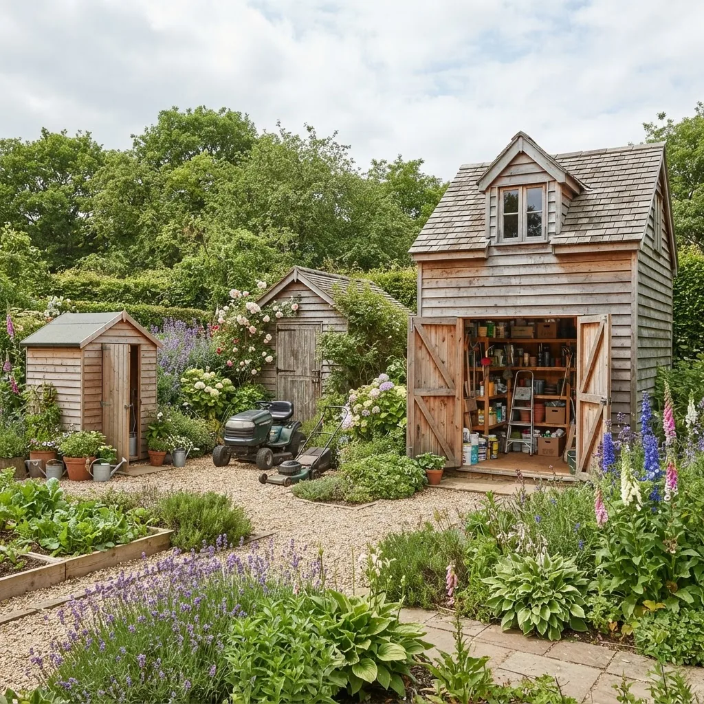 A well-lit outdoor garden scene featuring several types of wooden garden sheds including a small portable shed, a two-story shed with