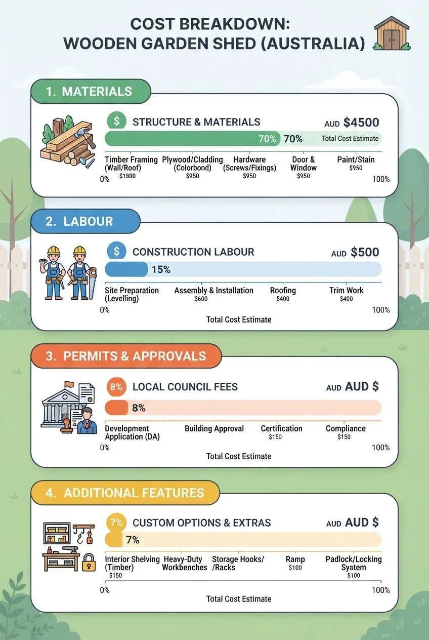 A clean infographic illustrating the cost components of wooden garden sheds, divided into sections for materials, labour, permits, and