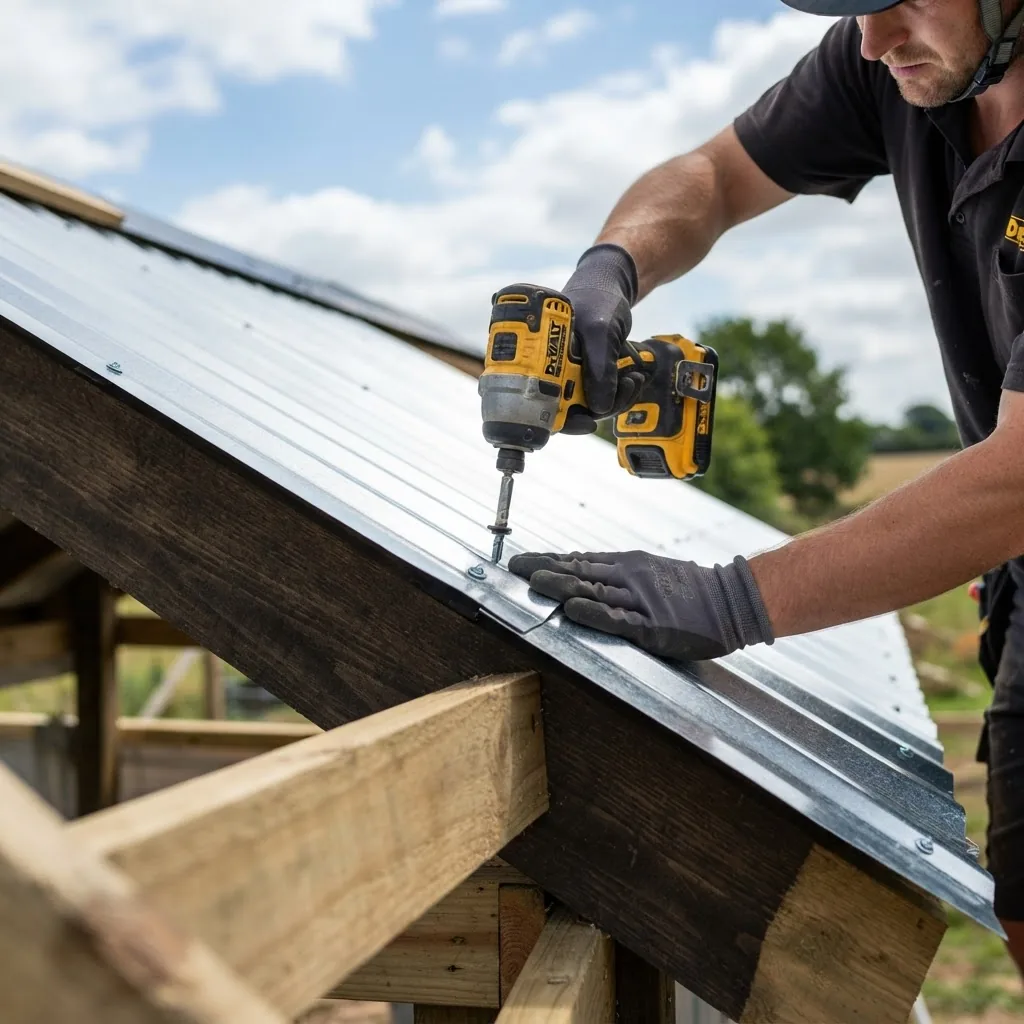Close-up photo of a professional installing zinc aluminium roofing sheets on a shed roof under a bright sky, showing hands with tools