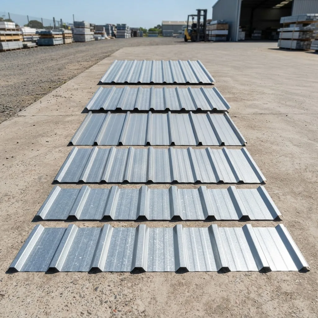 High-resolution image of various zinc aluminium roofing sheets in daylight, laid out flat to clearly show different profiles such as