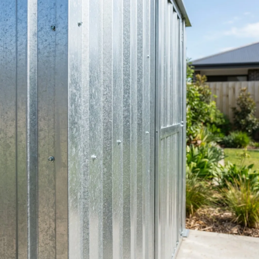 A close-up photo of a new zincalume metal shed wall showing the silvery metallic finish with clear zinc-aluminium coating, outdoors on a
