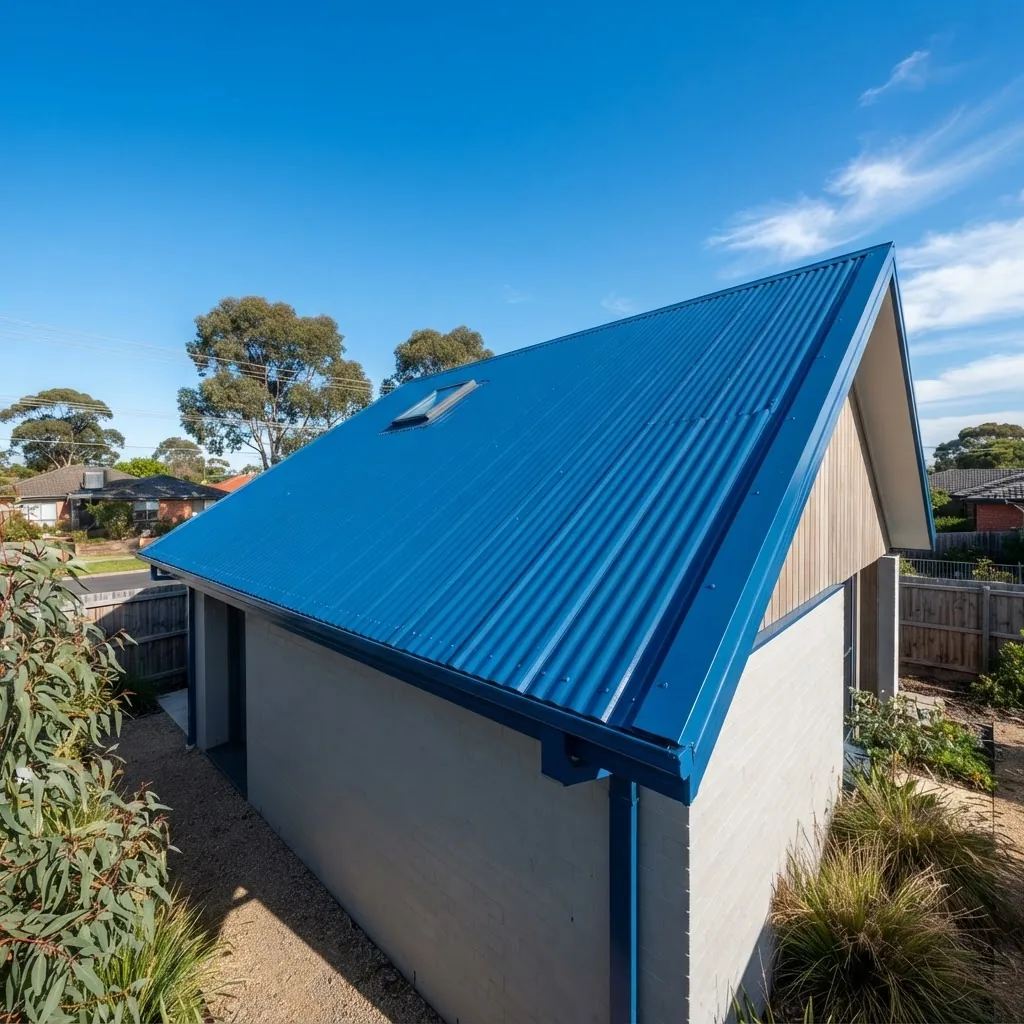 Photograph of Colorbond steel roofing panels in vibrant blue shade installed on a modern shed in suburban Melbourne, with clear sky and